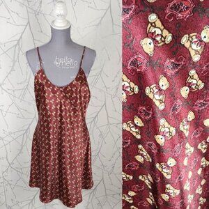Versailles Red Satin Teddy Bear Print Strappy Slip Dress
